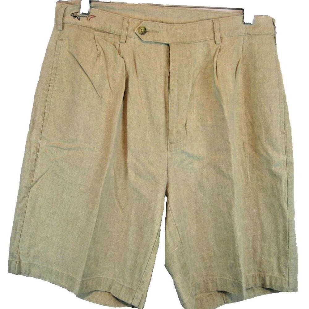Mens Greg Norman Tan Pleated Linen/Cotton Golf Shorts sz 34 x 9"